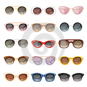 Sunglasses vector cartoon eyeglasses or sun glasses in stylish shapes for party and fashion optical spectacles set of