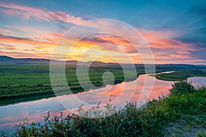 The sunglow of Erguna river in grassland sunset