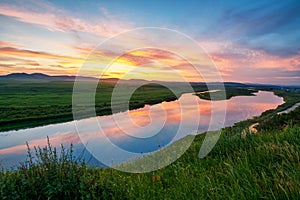 The sunglow of Erguna river in sunset