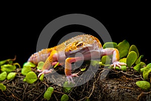 Sunglow Gecko on a branch with a black background