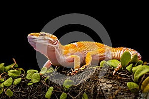 Sunglow Gecko on a branch with a black background