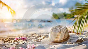 Sunhat on the Beach with Tropical Backdrop photo