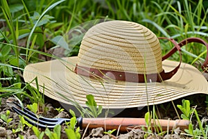 sunhat with a garden fork and cultivator