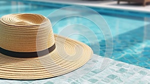 A sunhat resting on the edge of a luxurious swimming pool. Generative ai