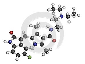 Sunitinib cancer drug molecule. Atoms are represented as spheres with conventional color coding: hydrogen white, carbon grey,.