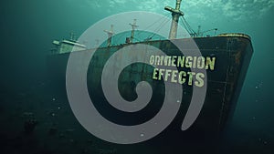 Sunken cargo ship underwater rusting in ocean depths photo