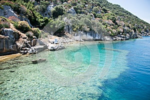 Sunken city of Kekova in bay of Uchagiz view from sea photo