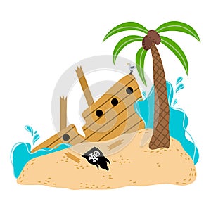 Sunken pirates ship near island shore and black flag on sand