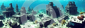 Sunken ruined city underwater, panorama. AI Generative