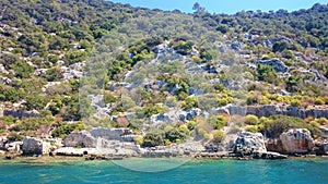 The sunken ruins on the island of Kekova Dolichiste of the ancient Lycian city of ancient Simena, was destroyed by an earthquake,