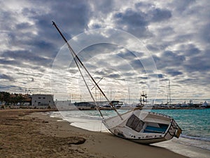 Sunken sailboat washed up ashore