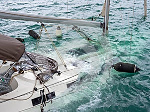 Sunken sailing ship during the Mediterranean cyclone Ianos in Nidri