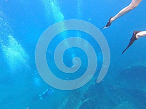 Sunken ship under the sea. Beautifiul underwater colorful coral reef at Caribbean Sea at Honeymoon Beach on St. Thomas