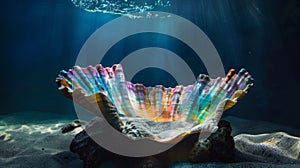 A sunken shipwreck provides the backdrop for this unique podium which rests within a stunning rainbowhued seashell