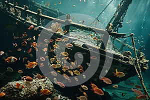 A sunken shipwreck teeming with fish ime lore. photo