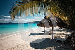 Sunkissed Beachscape Palmfringed Sandy Beach, Azure Waters, Sun Umbrellas. Generative AI