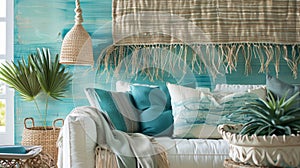 The sunkissed room is adorned with woven wall hangings featuring a spectrum of ocean blues and greens. Natural fibers