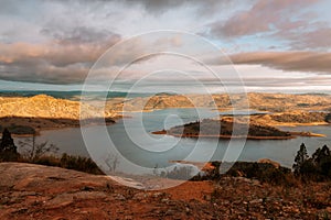 Sunlight across the hills and lake in country NSW Australia