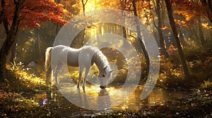 Sunlight bathed forest, horse drinks