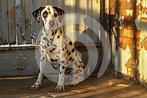Sunlight Bathing a Spotted Dalmatian Sitting by Rustic Metal Wall in Golden Hour