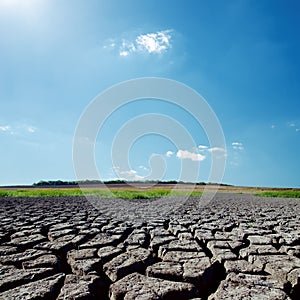 Sunlight in blue sky over drought earth