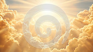 Sunlight breaking through golden clouds: serene sky with sun rays and fluffy cloudscape