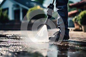 Sunlight breaks through as a man in work boots and jeans uses a pressure washer on a driveway.