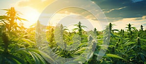 Sunlight breaks through clouds onto hemp plants in natural landscape