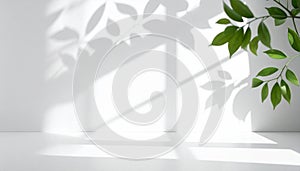 Sunlight casting leaf shadows and window patterns on a clean white wall and surface leaves