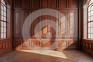 Sunlight casting shadows on classic wooden wall paneling photo