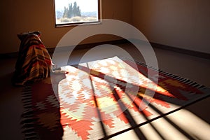 sunlight casting shadows over a finished navajo rug