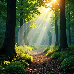 Sunlight casts dappled shadows on the forest floor as light filters through, foliage, trees