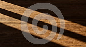 Sunlight casts diagonal shadows on a wooden surface, creating a pattern of