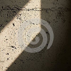 Sunlight casts a distinct diagonal shadow on a rough-textured concrete wall. The wall,