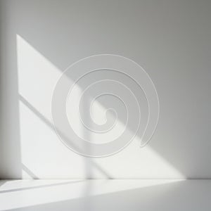 Sunlight casts geometric shadows on a plain white wall and floor, creating a