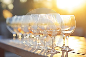 sunlight catching the hue of a full row of wine glasses at golden hour