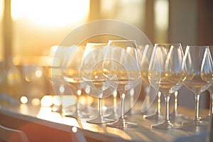 sunlight catching the hue of a full row of wine glasses at golden hour