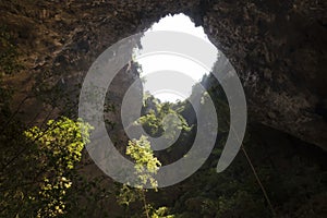 Sunlight through a cave hole in Thailand.