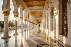 Sunlight through columns in white corridor