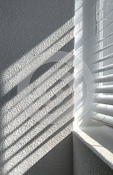 Sunlight creating stripes on textured white wall through blinds