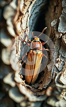 a beetle is sitting in a hollow of a tree