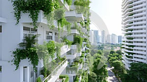 Sunlight dapples through the vibrant foliage of balcony gardens in this sustainable high-rise, showcasing an eco