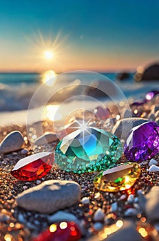 Sunlight drop on bright gems lying on beach, AI generated