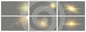 Sunlight effect. Realistic sun rays light glare, transparent sunbeams lens flare, shining star glow, natural yellow sparkles. photo