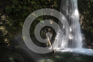 Sunlight falling onto the Salto do Prego waterfall in Faial da Terra, Sao Miguel