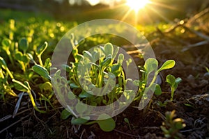 Sunlight Filtering Through The Delicate Sprouts In The Field. Generative AI