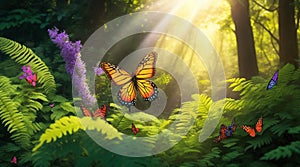 Sunlight filtering through a dense forest, illuminating a cluster of colorful butterflies on ferns