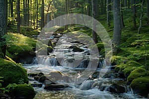 Sunlight filtering through dense forest moss-covered rocks stream trees