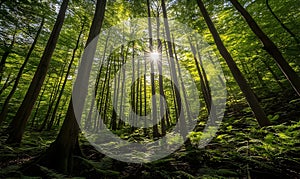 Sunlight filtering through lush forest canopy