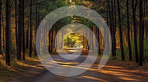 Sunlight Filtering Through Pine Trees on a Serene Forest Path